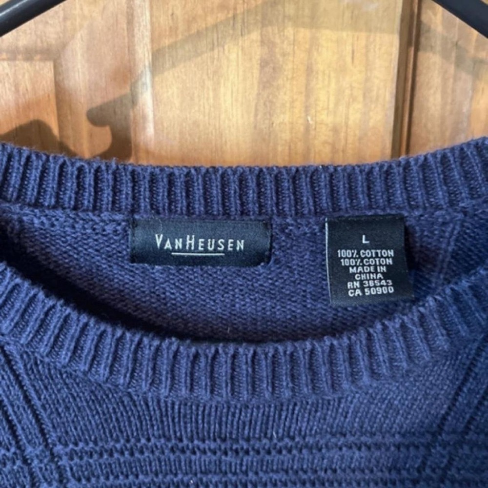 Van Heusen Vintage Textured Grid Knit Crewneck Sweater Navy Blue Cotton Large L - Picture 2 of 5